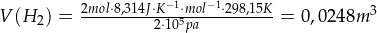 V(H_2) = \frac{2 mol \cdot 8,314 J \cdot K^{-1} \cdot mol^{-1} \cdot 298,15 K}{2\cdot 10^5 pa} = 0,0248 m^3