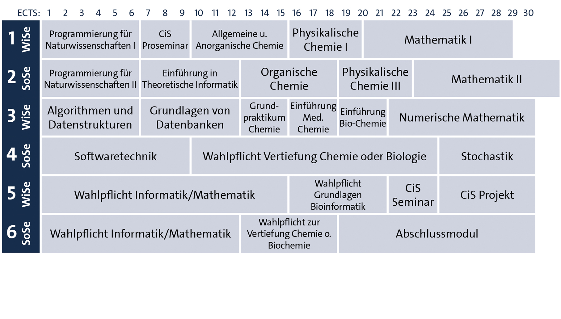 Studienplan-Tetris Cis Bio:Chemie WS21 Grafische Darstellung des Studienverlaufsplans - Alle Details im Text darunter